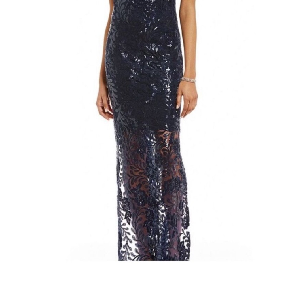 Elegant Navy Lace Evening Gown